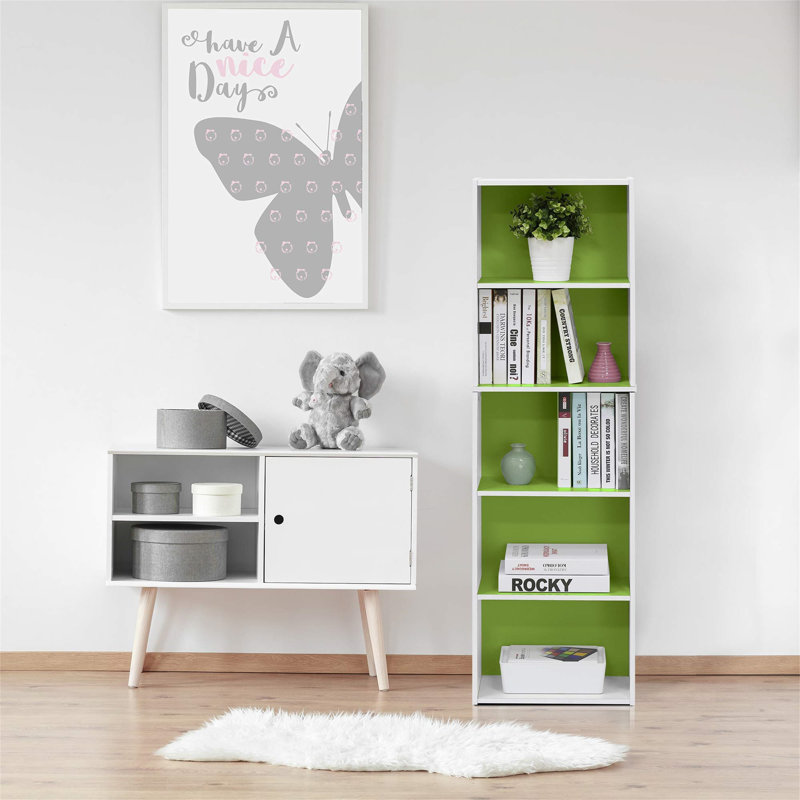 5-Tier Reversible Color Open Shelf Bookcase, White/Pink, Green/White