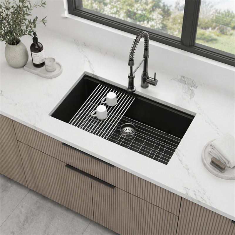 Évier de cuisine en quartz - Évier de cuisine encastrable en granit noir 33 po x 19 po x 9,65 po
