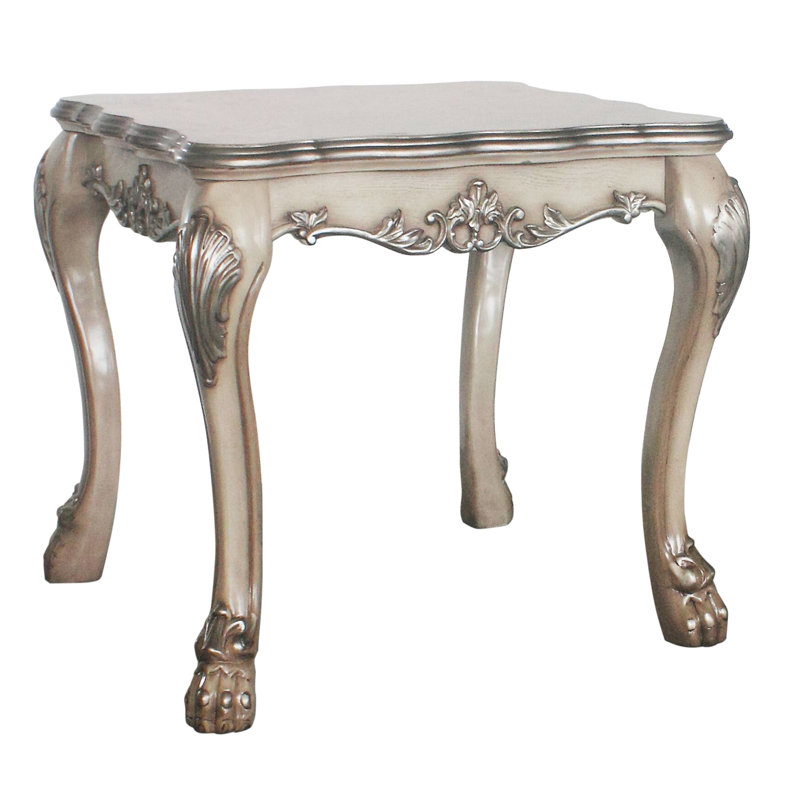 Table de bout carrée classique en blanc os rétro avec des motifs captivants et un tablier en bois festonné
