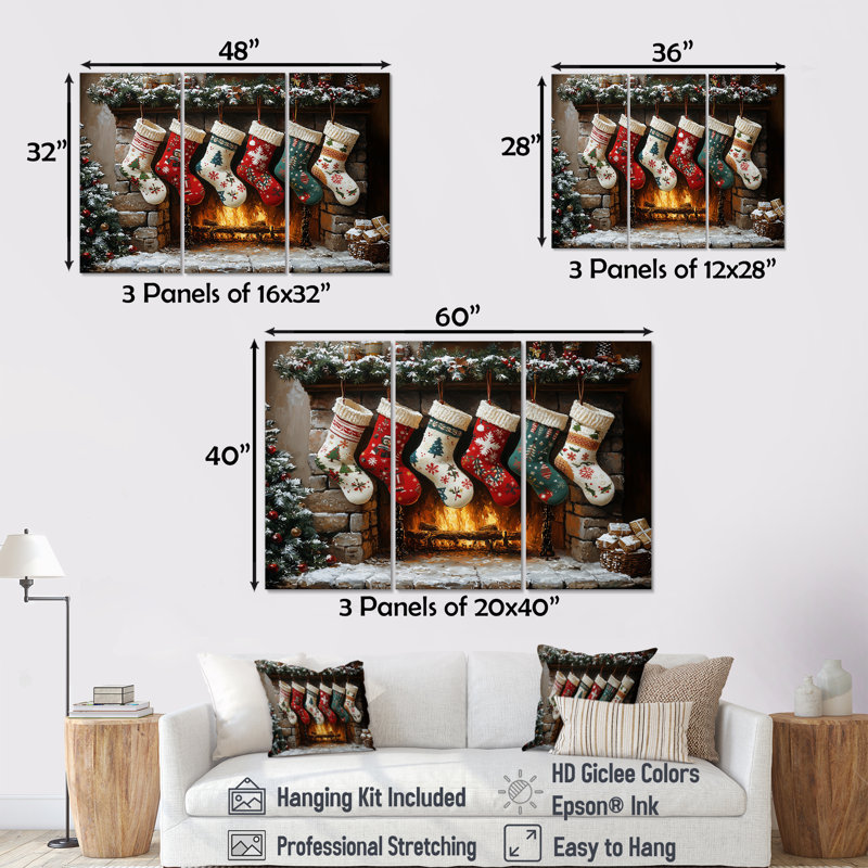 Chaussettes de Noël vertes - ensemble de décorations murales de Noël, Toile tendue, H 40 po x l 60 po x P 1 po