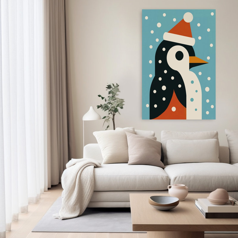 Penguin in Santa Hat Geometric Abstract Contemporary Penguin Winter Landscape Wall Art Print 1 Piece Wrapped Canvas Wall Art
