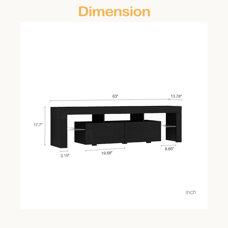 High Gloss TV Stand With LED Lights For Tvs Up To 65'', Modern TV Console With Storage Cabinets For Living Room, Black