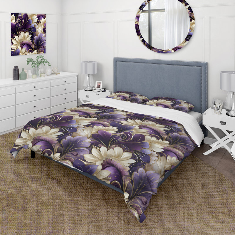 Ensemble de housse de couette damassé mauve et blanc Art Deco, Housse de couette pour très grand lit et 2 très