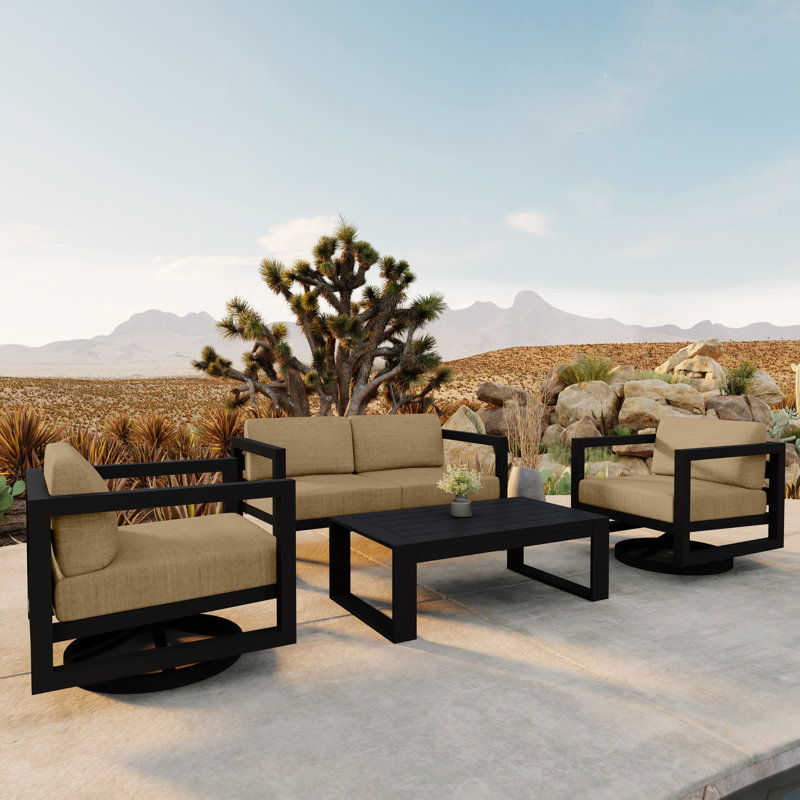 Avion 4 Piece Loveseat Set With Swivel, Spectrum Indigo Sunbrella®, Black
