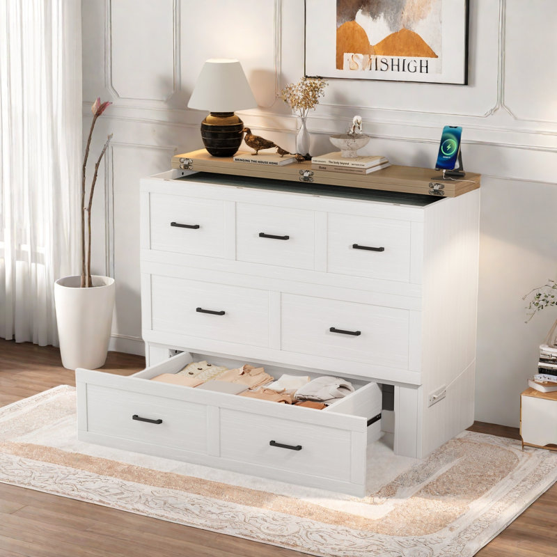 Multi-functional Foldable Murphy Bed  With Charging Station And 1 Large Storage Drawer, White, Full