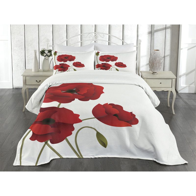 King Size Red Floral Polyester Bedspread Set
