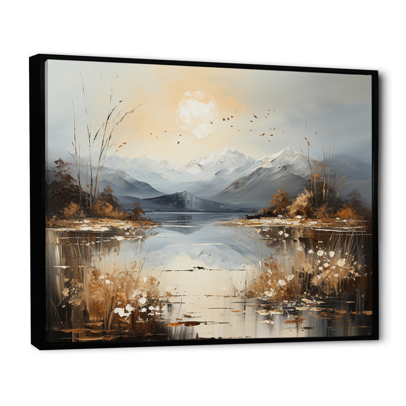 «Beige Dandelion Flowers On Lake», reproduction sur toile, Cadre flottant noir, H 34 po x l 44 po x P 1,5 po