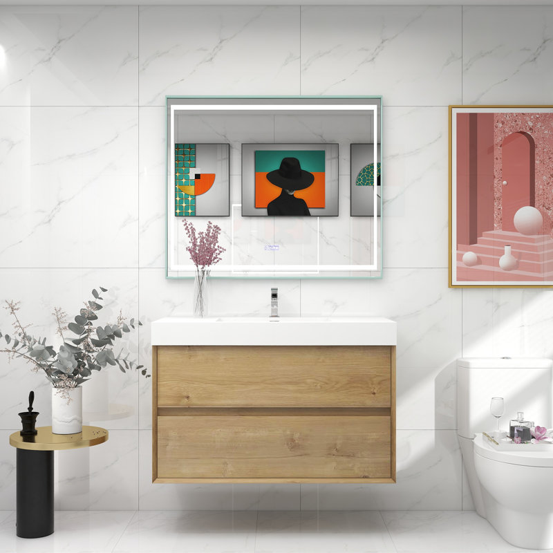 Ensemble de meuble-lavabo mural simple l 42 po Jaymarion, Chêne foncé