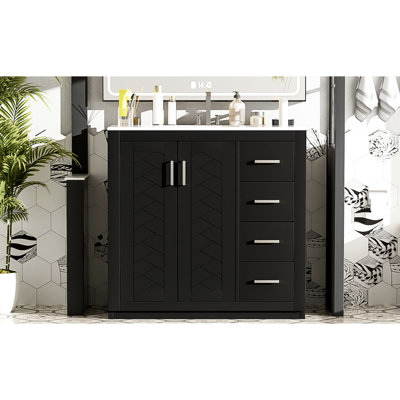 Meuble-lavabo de 36 po en céramique: cadre en bois massif, armoire de rangement à tiroirs dissimulés