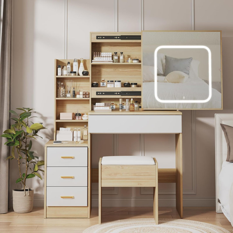 Bureau de coiffeuse avec lumières DEL et miroir, éclairage réglable, prise de courant, 4 tiroirs, tablettes de rangement, tabouret inclus