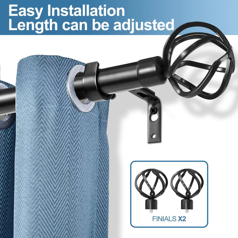 Black Adjustable Steel Single Curtain Rod with Decorative Finials