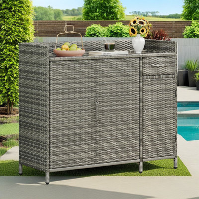 47.5" W Wicker Outdoor Storage Cabinet with Tempered Glass Top