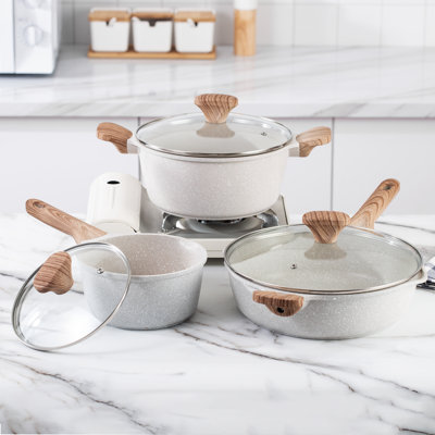 Country Kitchen Cookware 6 Piece Cast Aluminum Pots and Pans with BAKELITE Handles Speckled