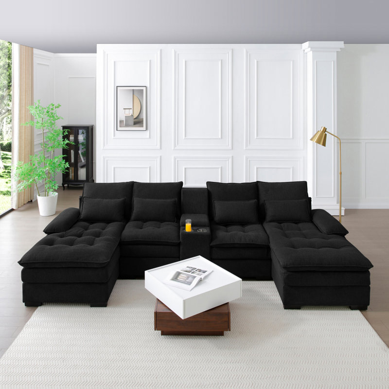 Canapé en forme de U de 130 po avec console, porte-gobelets, clé USB, ensemble de meubles 6 places, ensemble de canapé-lit avec méridienne pour salon, appartement, (NOIR)