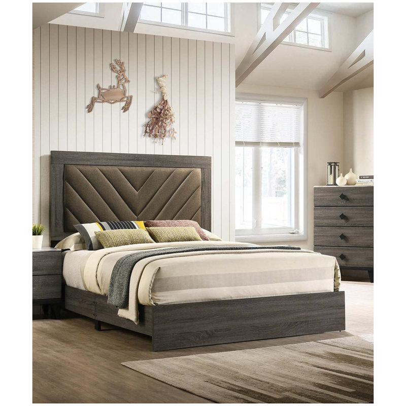 Lit plateforme tapissier, Gris / Brun, Grand