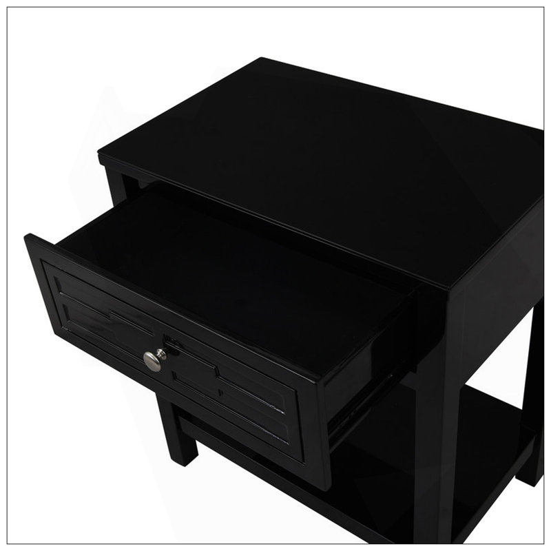 23" Wooden End Side Table Nightstand With Top And Drawer, Black