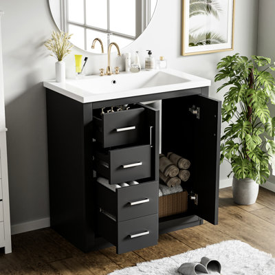 30'' Bathroom Vanity With Ceramic Basin - Solid Wood & 3 Drawers Attractive Storage Solution Black Unit Appealing Idea
