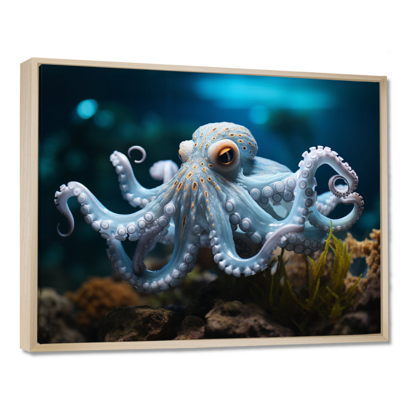 Blue Octopus Serene submersion - impression, H 24 po x l 32 po x P 1 po, Cadre flottant érable
