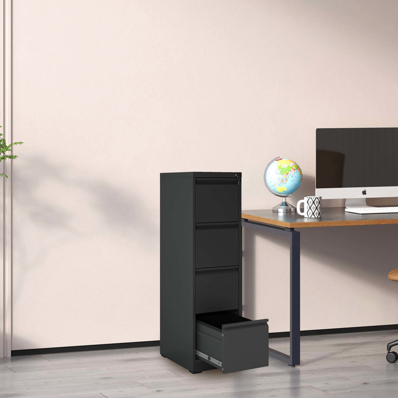 4 Drawer Vertical File Cabinet For Office/Home, Steel Construction, Corrosion Resistance, Full Extension, Tilt, Black Modern Unit Metal With Lock Extension Drawers, Tilt Design, Black, Style