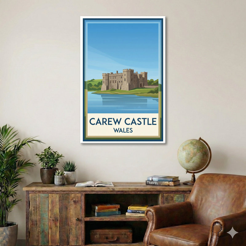 Carew Castle, Wales - Romantic Estuary Castle Travel Poster. Giclee Print On Wrapped Canvas. Wall Art, Home Decor - Castles & Palaces, Wales - Wrapped Canvas Print