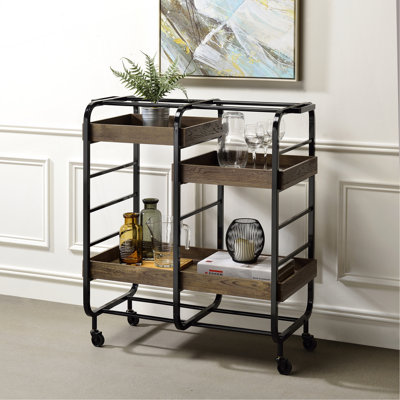 Gold And White Washed Serving Cart With 3 Adjustable Trays by Mercer41