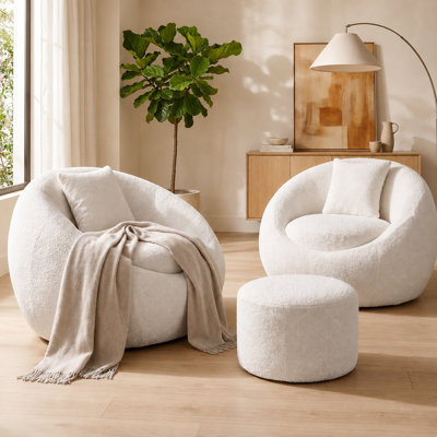 39.4" Wide Oversized Bouclé Barrel Chair Lumbar Pillow, Foam-Filled Comfy Lounge Chair for Living Room and Bedroom