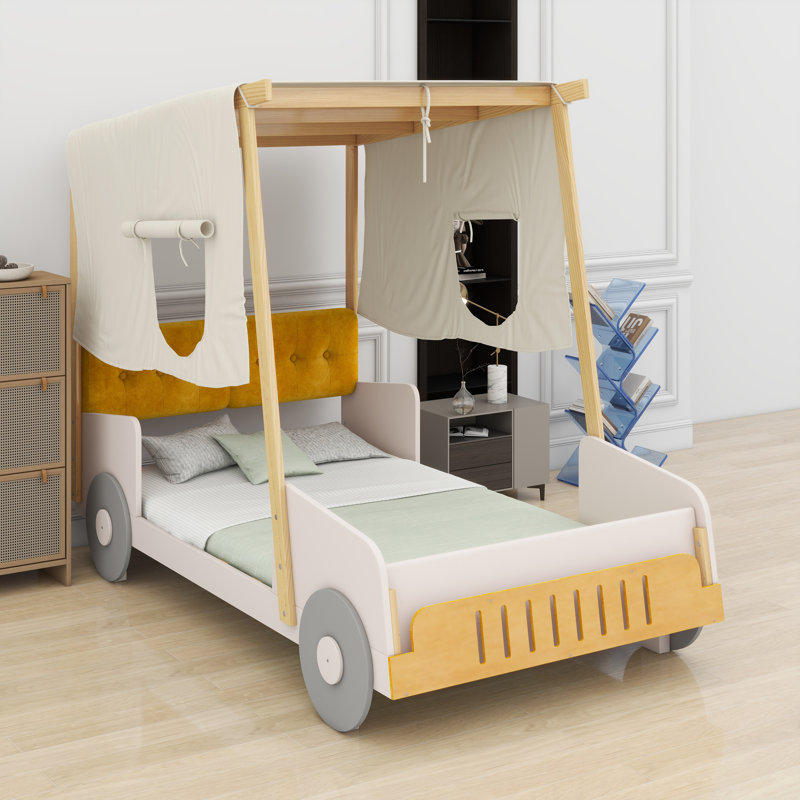 Car-Shaped Bed With Pillow And Canopy Fabric, Twin