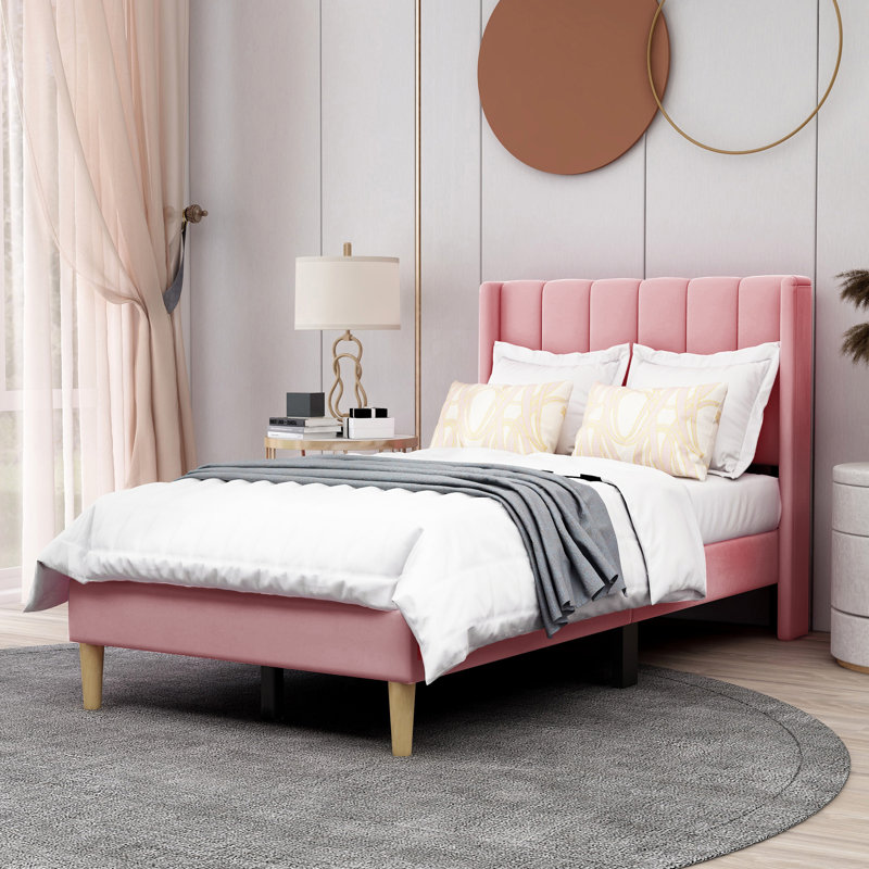 Eriksay Low Profile Upholstered Platform Bed with Wingback Headboard, Twin, New Pink Velvet