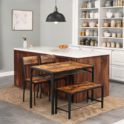 Ensemble de salle à manger 4 pièces en MDF et métal avec banc et 2 chaises, idéal pour les petits espaces, fini brun brillant, 110 cm (L) x 65 cm (l) x 76 cm (H)