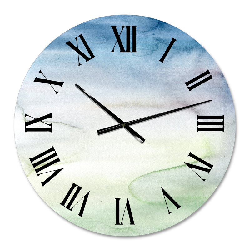 Horloge murale moderne pastel abstrait avec taches bleu foncé, vertes et blanches, Petit
