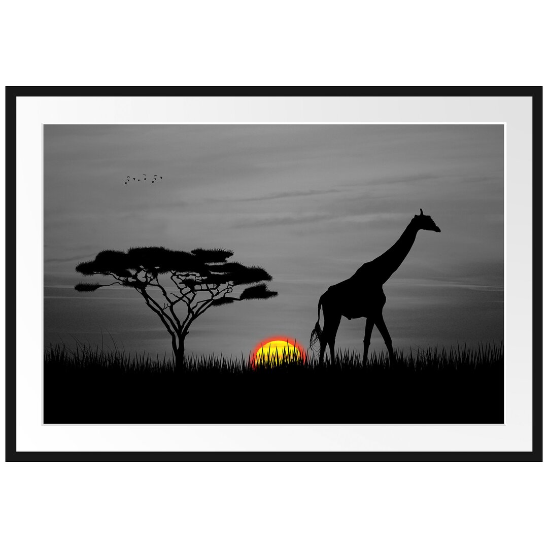 Gerahmtes Poster Giraffe im Sonnenuntergang