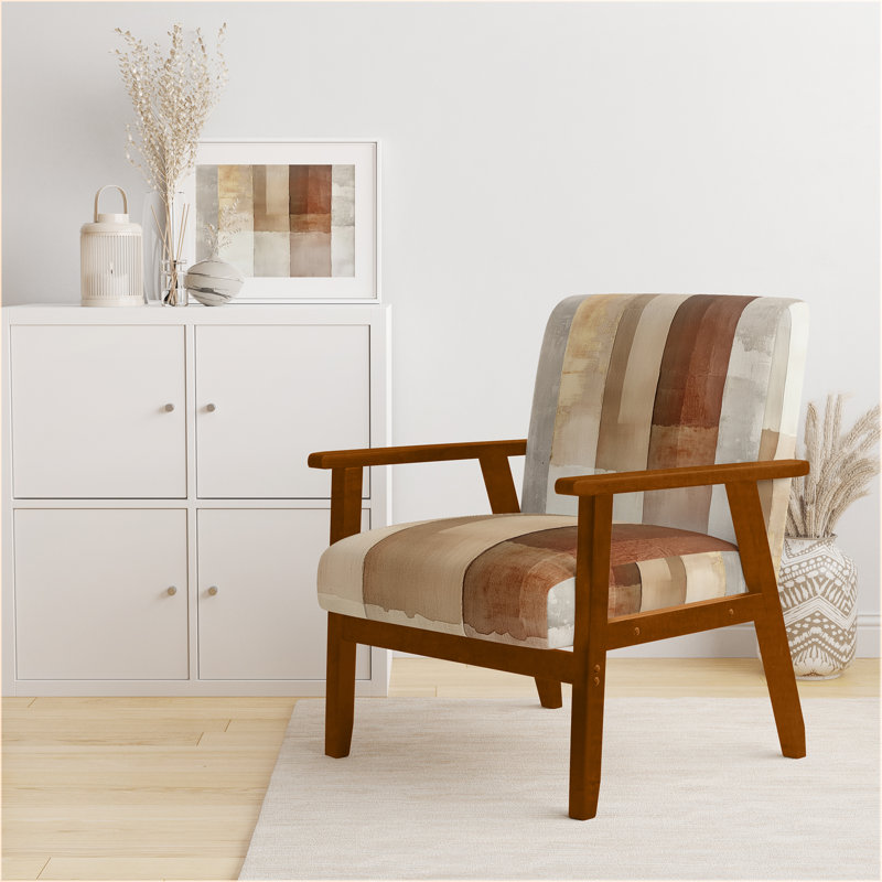 Chaise rembourrée abstraite minimaliste rembourrée avec accoudoirs beige minimaliste, Accoudoirs carrés bruns