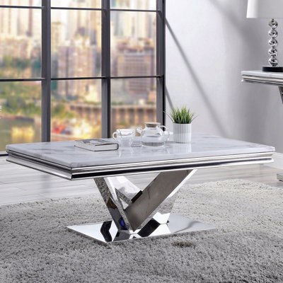 Table basse 1 pièce moderne en métal avec plateau rectangulaire en faux marbre 18 mm avec structure en V et structure en métal en acier inoxydable avec finition chromée de style glamour