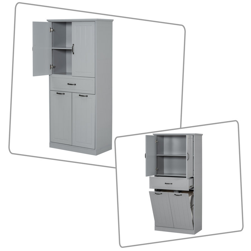 Armoire de salle de bain haute autoportante avec 2 paniers, tiroir et tablette réglable, charnières à fermeture en douceur