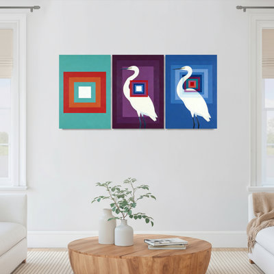 Abstract Geometric Squares And White Heron Canvas Wrapped Wall Art Oil Painting Print Set Of 3 For Living Room Bedroom Home Decor