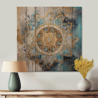 Blue and Gold Mandala II - Boho Mandala Print on Natural Pine Wood