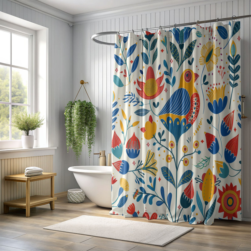 Folk Floral - Premium Shower Curtain, 74"H x 71"W