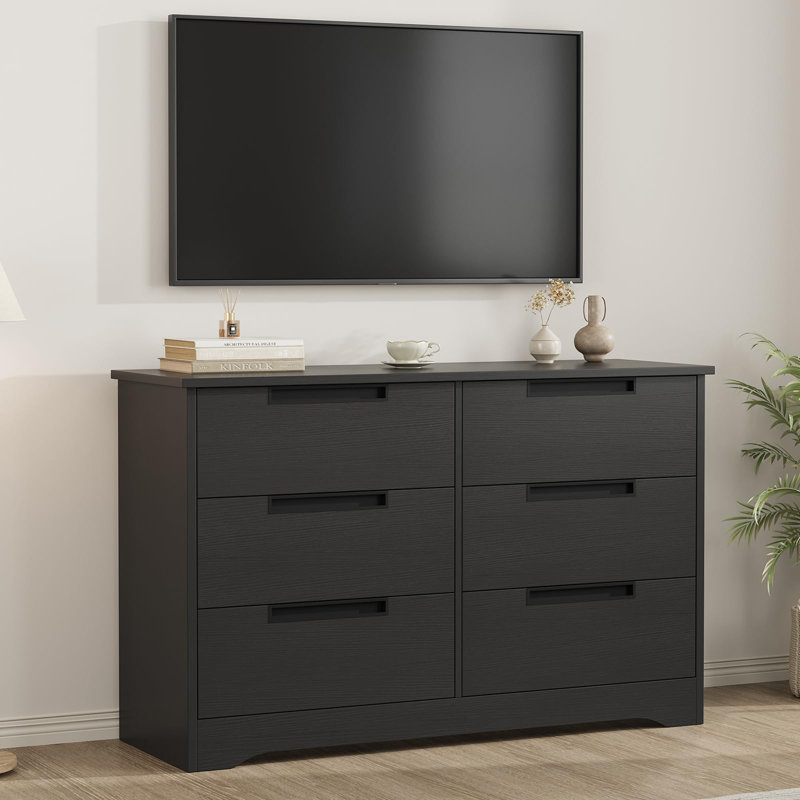 Commode à 6 tiroirs, commode en bois pour chambre à coucher, rangement moderne pour garde-robe avec poignées intégrées pour le salon