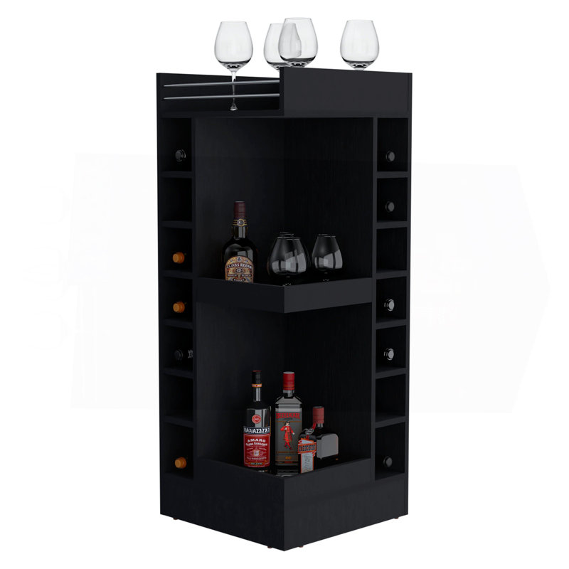 Black Corner Bar Cabinet With Wine Rack And Open Shelf, Black