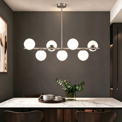 Lustre linéaire moderne à 7 lumières 36 pouces avec abat-jour sphérique en verre blanc Spoutnik