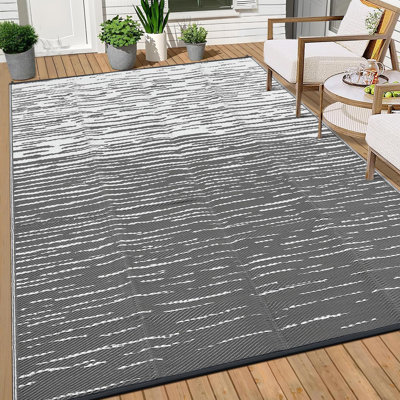 8x10 Large Waterproof Outdoor Patio Rug, Modern Reversible Plastic Straw Rug, Striped UV Resistant Outside Rugs for Backyard, RV, Camping, Deck, Porch, Beach Picnic, Pool, Grey