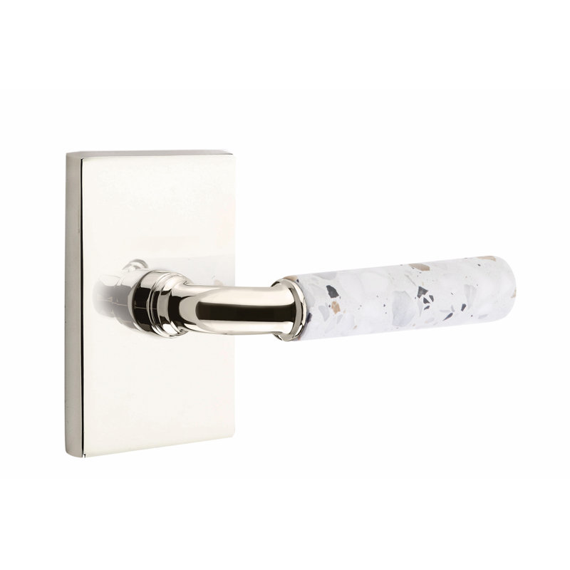 Select Round Single Dummy Door Lever with Rectangle Rosette, Polished Nickel/Light Terrazzo