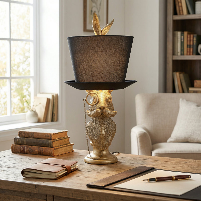 23.5" Gold Rabbit Table Lamp With Top Hat Linen Shade