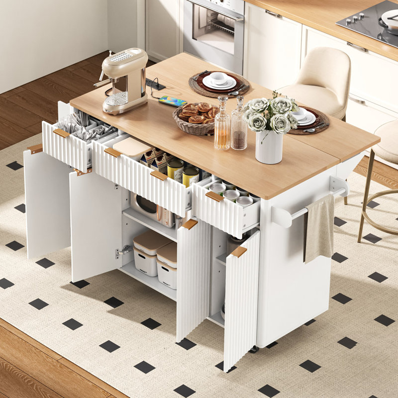Fluted Kitchen Island With Storage, Drop Leaf, Power Outlet, And Multiple Drawers For Enhanced Functionality And Style, White