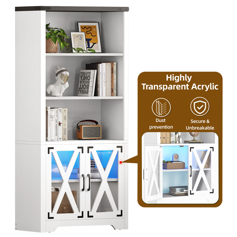 White Adjustable 5-Tier Bookcase with Doors and LED Light