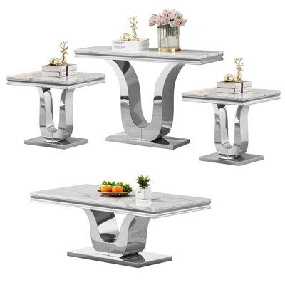 Faux Marble Coffee Table Set of 4, Modern Living Room Table Set Includes 1 Coffee Table, 1 Console Sofa Table and 2 End Side Tables for Living Room, White Faux Marble Top with U-Shaped Stainless Steel Frame