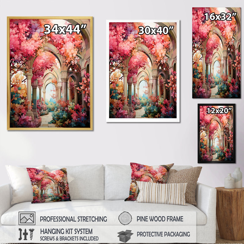 «Swante Pink Bridge Whimsical Arches», reproduction sur toile, H 40 po x l 30 po x P 1,5 po, Cadre flottant doré