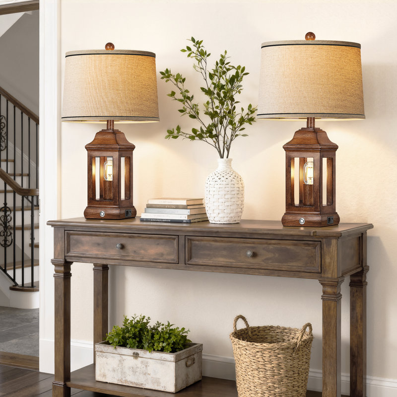 24in Rustic Farmhouse Table Lamps For Living Room Set Of 2, Touch Dimmable Nightlight Vintage Bedside Lamps Wood Grain