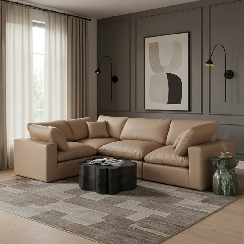 Canapé modulaire rembourré 4 pièces Hinrich, Cuir brun clair végétalien