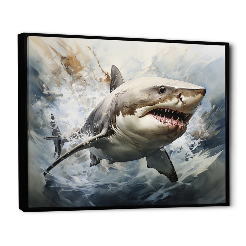 " Gray Shark Silent Hunter I ", 12" H x 20" W x 1" D, Black Floater Framed